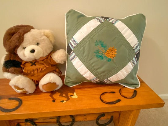 Fall pillow cover pine cone design - embroidered and quilted gift for mom -  sofa or bed decor for this Fall season - 20" x 20" green denim material, batting between top two layers, cord around edges - housewarming, birthday, anniversary gift - Borgmanns  Creations  2