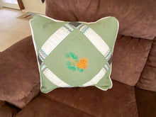 Load image into Gallery viewer, Fall pillow cover pine cone design - embroidered and quilted gift for mom -  sofa or bed decor for this Fall season - 20&quot; x 20&quot; green denim material, batting between top two layers, cord around edges - housewarming, birthday, anniversary gift - Borgmanns  Creations 4
