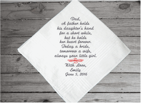 Father of the bride embroidered wedding gift - for dad from his daughter - keepsake of a family occasion - personalized monogram handkerchief for dad - cotton handkerchief with satin strips - 16" x 16" - Borgmanns Creations - 1