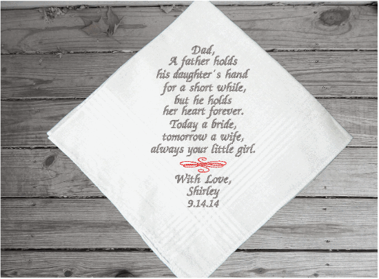 Father of the bride embroidered wedding gift - for dad from his daughter - keepsake of a family occasion - personalized monogram handkerchief for dad - cotton handkerchief with satin strips - 16" x 16" - Borgmanns Creations - 2