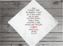 Load image into Gallery viewer, Father of the bride embroidered wedding gift - for dad from his daughter - keepsake of a family occasion - personalized monogram handkerchief for dad - cotton handkerchief with satin strips - 16&quot; x 16&quot; - Borgmanns Creations - 2
