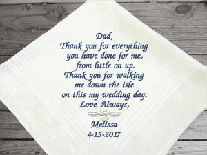 Father of the bride handkerchief - this will make the perfect gift - a daughter's loving thoughts to dad on her wedding day - this handkerchief will always be a cherished gift - cotton handkerchief 16" x 16" with satin strips - Borgmanns Creations - 2