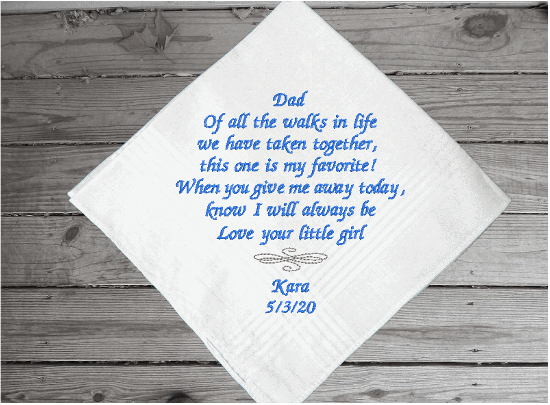 Father of the bride wedding gift for dad, embroidered handkerchief with loving thoughts in blue thread - Borgmanns Creations