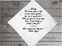 Load image into Gallery viewer, Father of the bride wedding gift for dad, embroidered handkerchief with loving thoughts in black thread - Borgmanns Creations

