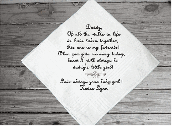 Father of the bride wedding gift for dad, embroidered handkerchief with loving thoughts in black thread - Borgmanns Creations