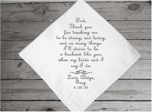 Father of the groom - embroidered wedding gift for dad from his son - keepsake of a family occasion - men handkerchiefs - cotton handkerchief has satin strips and is 16" x 16" - Borgmanns Creations - 4