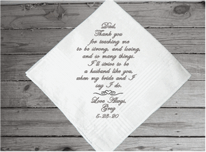 Father of the groom - embroidered wedding gift for dad from his son - keepsake of a family occasion - men handkerchiefs - cotton handkerchief has satin strips and is 16" x 16" - Borgmanns Creations 3