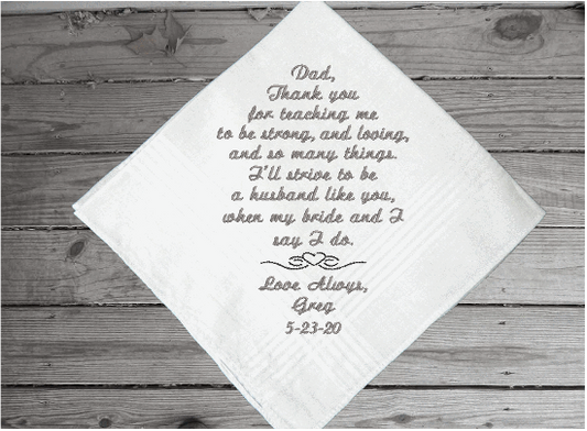 Father of the groom - embroidered wedding gift for dad from his son - keepsake of a family occasion - men handkerchiefs - cotton handkerchief has satin strips and is 16" x 16" - Borgmanns Creations 1