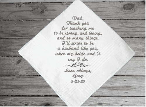 Father of the groom - embroidered wedding gift for dad from his son - keepsake of a family occasion - men handkerchiefs - cotton handkerchief has satin strips and is 16