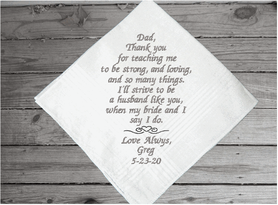 Father of the groom - embroidered wedding gift for dad from his son - keepsake of a family occasion - men handkerchiefs - cotton handkerchief has satin strips and is 16" x 16" - Borgmanns Creations 2