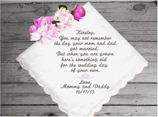 Flower girl gift - personalized embroidered handkerchief - wonderful way to ask that special someone to be in your wedding. - wonderful bridal keepsake , cherished gift that you are looking for - white cotton handkerchief with scalloped edges , 11" x 11" - Borgmanns Creations - 2