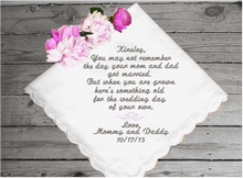 Load image into Gallery viewer, Flower girl gift - personalized embroidered handkerchief - wonderful way to ask that special someone to be in your wedding. - wonderful bridal keepsake , cherished gift that you are looking for - white cotton handkerchief with scalloped edges , 11&quot; x 11&quot; - Borgmanns Creations - 2
