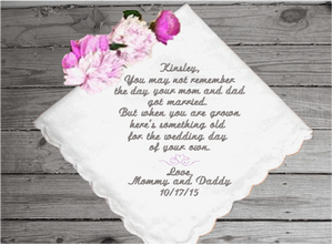 Flower girl gift - personalized embroidered handkerchief - wonderful way to ask that special someone to be in your wedding. - wonderful bridal keepsake , cherished gift that you are looking for - white cotton handkerchief with scalloped edges , 11" x 11" - Borgmanns Creations - 2