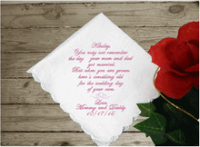 Load image into Gallery viewer, Flower girl gift - personalized embroidered handkerchief - wonderful way to ask that special someone to be in your wedding. - wonderful bridal keepsake , cherished gift that you are looking for - white cotton handkerchief with scalloped edges , 11&quot; x 11&quot; - Borgmanns Creations - 4
