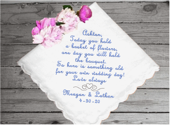 Flower girl personalized embroidered gift - thoughtful way to ask that special someone to be your flower girl - wonderful bridal keepsake cherished gift that you are looking for - you may also write your own text - white cotton handkerchief has scalloped edges 11 in x 11 in- Borgmanns Creations 4