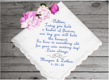 Load image into Gallery viewer, Flower girl personalized embroidered gift - thoughtful way to ask that special someone to be your flower girl - wonderful bridal keepsake cherished gift that you are looking for - you may also write your own text - white cotton handkerchief has scalloped edges 11 in x 11 in- Borgmanns Creations 4
