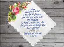Load image into Gallery viewer, Flower girl personalized embroidered gift - thoughtful way to ask that special someone to be your flower girl - wonderful bridal keepsake cherished gift that you are looking for - you may also write your own text - white cotton handkerchief has scalloped edges 11 in x 11 in- Borgmanns Creations 2
