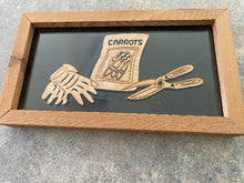Load image into Gallery viewer, Garden Shadow Box - Laser Cut Laun Wood - Gloves Shears And Carrot Seed Bag - Clear Acrylic Front and Black Acrylic For Backing - Framed in 1&quot; wood - Borgmanns Creations
