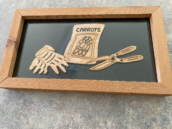 Garden Shadow Box - Laser Cut Laun Wood - Gloves Shears And Carrot Seed Bag - Clear Acrylic Front and Black Acrylic For Backing - Framed in 1
