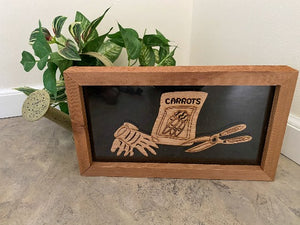Garden Shadow Box - Laser Cut Laun Wood - Gloves Shears And Carrot Seed Bag - Clear Acrylic Front and Black Acrylic For Backing - Framed in 1" wood - Borgmanns Creations