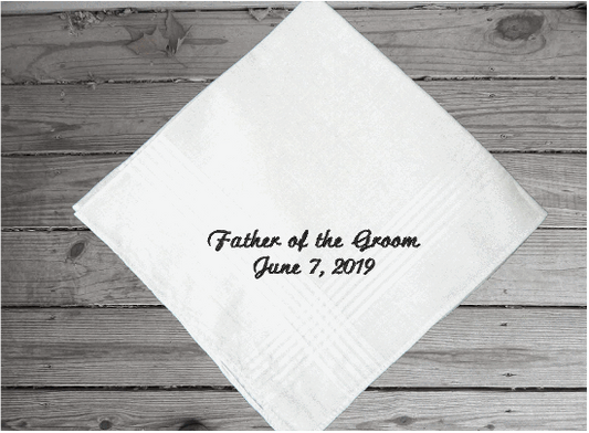 Father of the groom - gift from the bride to her father for a wedding gift- embroidered handkerchief keepsake -cotton handkerchief has satin strips, 16" x 16"- Borgmanns Creations 1
