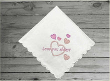 Load image into Gallery viewer, Gift for mom - beautiful embroidered handkerchief - special gift for mom to cherish - Valentines Day, Mothers Day, birthday gift, anniversary ideas, weddings, etc.. - Cotton handkerchief with scalloped edges 11&quot; x 11&quot; - Borgmanns Creations - `
