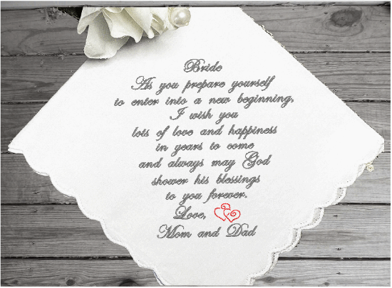 Gift for the bride - wedding handkerchief from the bride's parents - wedding shower idea for mom to her daughter - bridal keepsake hankie - embroidered keepsake for that wonderful occasion - cotton handkerchief with scalloped edges 11" x 11" - Borgmanns Creations - 3