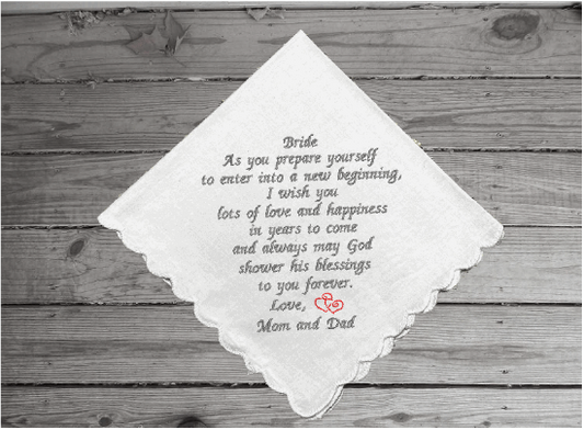 Gift for the bride - wedding handkerchief from the bride's parents - wedding shower idea for mom to her daughter - bridal keepsake hankie - embroidered keepsake for that wonderful occasion - cotton handkerchief with scalloped edges 11" x 11" - Borgmanns Creations - 1