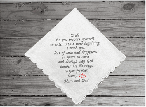 Gift for the bride - wedding handkerchief from the bride's parents - wedding shower idea for mom to her daughter - bridal keepsake hankie - embroidered keepsake for that wonderful occasion - cotton handkerchief with scalloped edges 11