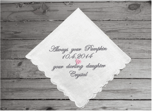 Mother of the bride gift - embroidered handkerchief for mom - this will make the perfect bridal party gift, wedding gift or birthday gift - cotton handkerchief with scalloped edges. 11