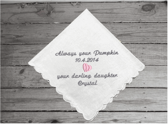Mother of the bride gift - embroidered handkerchief for mom - this will make the perfect bridal party gift, wedding gift or birthday gift - cotton handkerchief with scalloped edges. 11" x 11"  - Borgmanns Creations - 3