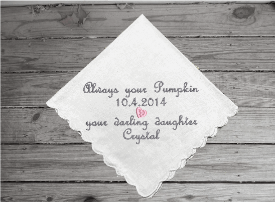 Mother of the bride gift - embroidered handkerchief for mom - this will make the perfect bridal party gift, wedding gift or birthday gift - cotton handkerchief with scalloped edges. 11" x 11"  - Borgmanns Creations - 4