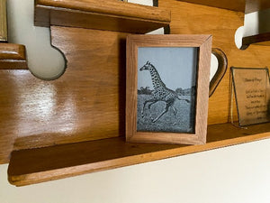 Laser engraved etching with backing of a giraffe with gray backing framed in wood free standing or hang by frame -add this acrylic etching to your giraffe collection  - 7 1/4 inch x 5 1/2 inch -home decor for a housewarming gift, birthday gift - Borgmanns Creations - 3