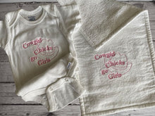 Load image into Gallery viewer, This Onesie and burp cloth set with the saying, Cowgirl Chicks Go Girls, Onesie size - 0 to 3 mo, bib 9&quot; from neck to bottom- 8&quot; wide, burp cloth is 16&quot; x 8&quot;, made of flannel top and terry cloth backing to keep mom dry from those frequent spit ups. A great new mom gift, new born gift or baby shower gift - Borgmanns Creations - 64
