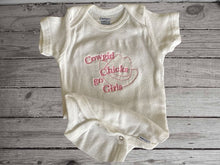 Load image into Gallery viewer, This Onesie and burp cloth set with the saying, Cowgirl Chicks Go Girls, Onesie size - 0 to 3 mo, bib 9&quot; from neck to bottom- 8&quot; wide, burp cloth is 16&quot; x 8&quot;, made of flannel top and terry cloth backing to keep mom dry from those frequent spit ups. A great new mom gift, new born gift or baby shower gift - Borgmanns Creations -  2
