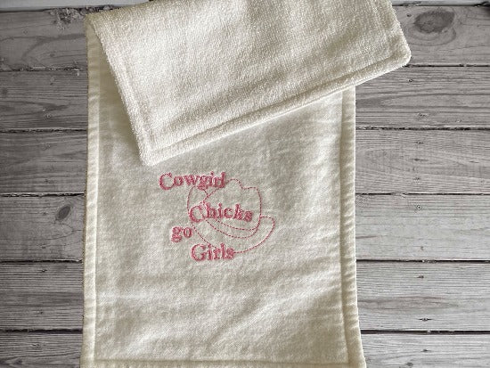 This Onesie and burp cloth set with the saying, Cowgirl Chicks Go Girls, Onesie size - 0 to 3 mo, burp cloth is 16" x 8", made of flannel top and terry cloth backing to keep mom dry from those frequent spit ups. A great new mom gift, gift for the new born or baby shower gift - Borgmanns Creations - 4