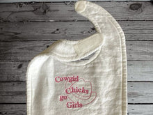 Load image into Gallery viewer, This Onesie and burp cloth set with the saying, Cowgirl Chicks Go Girls, Onesie size - 0 to 3 mo, bib 9&quot; from neck to bottom- 8&quot; wide, burp cloth is 16&quot; x 8&quot;, made of flannel top and terry cloth backing to keep mom dry from those frequent spit ups. A great new mom gift, new born gift or baby shower gift - Borgmanns Creations - 4
