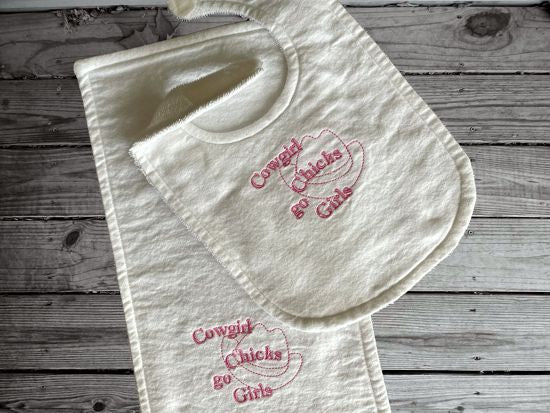This Onesie and burp cloth set with the saying, Cowgirl Chicks Go Girls, Onesie size - 0 to 3 mo, bib 9" from neck to bottom- 8" wide, burp cloth is 16" x 8", made of flannel top and terry cloth backing to keep mom dry from those frequent spit ups. A great new mom gift, new born gift or baby shower gift - Borgmanns Creations - 5