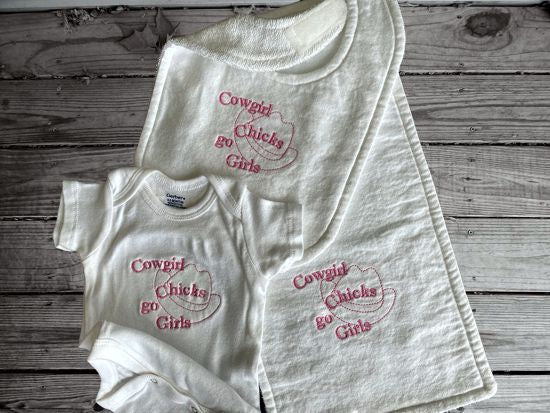 This Onesie and burp cloth set with the saying, Cowgirl Chicks Go Girls, Onesie size - 0 to 3 mo, bib 9" from neck to bottom- 8" wide, burp cloth is 16" x 8", made of flannel top and terry cloth backing to keep mom dry from those frequent spit ups. A great new mom gift, new born gift or baby shower gift - Borgmanns Creations - 1