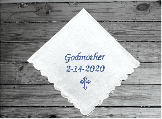Baptismal handkerchief Godmother gift - printed text - white cotton handkerchief with scalloped edges 11" x 11" - embroidered gift for her - baptism or christening of new born child - personalized keepsake sponsor gift - Godmother proposal - Borgmanns Creations