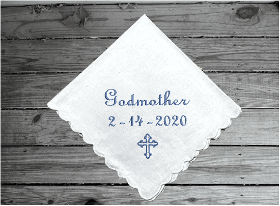 Baptismal handkerchief Godmother gift - cursive text - white cotton handkerchief with scalloped edges 11" x 11" - embroidered gift for her - baptism or christening of new born child - personalized keepsake sponsor gift - Godmother proposal - Borgmanns Creations