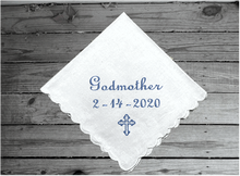 Load image into Gallery viewer, Baptismal handkerchief Godmother gift - cursive text - white cotton handkerchief with scalloped edges - embroidered gift for her - baptism or christening of new born child - personalized keepsake sponsor gift - Godmother proposal - Borgmanns Creations 2
