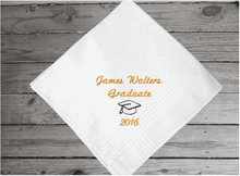 Load image into Gallery viewer, Graduate gift for him - personalized embroidered handkerchief - keepsake on his special day - high school, collage or from a private school this handkerchief makes a great gift from family or friend - cotton handkerchief with satin strips around edge, 16&quot; x 16&quot; - Borgmanns Creations -1
