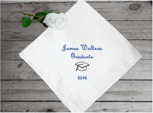 Load image into Gallery viewer, Graduate gift for him - personalized embroidered handkerchief - keepsake on his special day - high school, collage or from a private school this handkerchief makes a great gift from family or friend - cotton handkerchief with satin strips around edge, 16&quot; x 16&quot; - Borgmanns Creations -3
