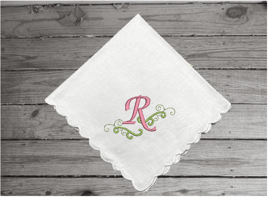 Graduation gift for her - the prefect gift for the graduate -  her initial embroidered on it. - grad from high school, collage, or special school can be a gift for moms, aunts, sisters, friend, a small remembrance of a wonderful occasion -white cotton handkerchief with scalloped edges  11" x11" - Borgmanns Creations - 1