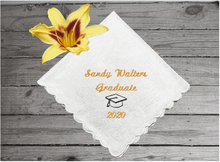 Load image into Gallery viewer, Graduation gift for her - embroidered handkerchief for the graduate from family or friends to celebrate years of learning. - high school, collage, special work schools for mom, sister, aunt, friend - cotton handkerchief scalloped edges 11 inches x 11 inches - Borgmanns Creations - 1

