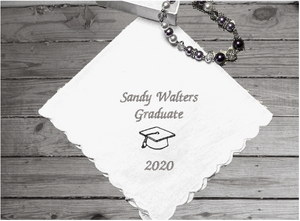 Graduation gift for her - embroidered handkerchief for the graduate from family or friends to celebrate years of learning. - high school, collage, special work schools for mom, sister, aunt, friend - cotton handkerchief scalloped edges 11 inches x 11 inches - Borgmanns Creations - 2