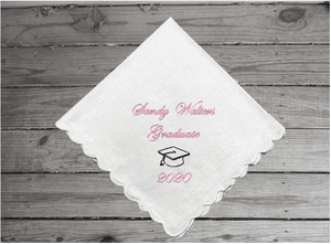 Graduation gift for her - embroidered handkerchief for the graduate from family or friends to celebrate years of learning. - high school, collage, special work schools for mom, sister, aunt, friend - cotton handkerchief scalloped edges 11 inches x 11 inches - Borgmanns Creations - 3