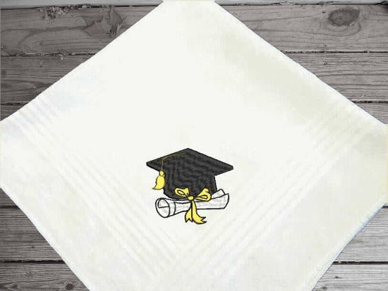  Graduation gift for him personalized embroidered cotton handkerchief with satin strips around edge 16" x 16", Cap and Diploma design as a keepsake on his special day. High school, collage or from a private school this handkerchief makes a great gift from family or friend. 4 different designs to choose from - Borgmanns Creations - 1