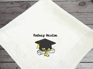 Graduation gift for him personalized embroidered cotton handkerchief with satin strips around edge 16" x 16", Name, Cap and Diploma design as a keepsake on his special day. High school, collage or from a private school this handkerchief makes a great gift from family or friend. 4 different designs to choose from - Borgmanns Creations - 2